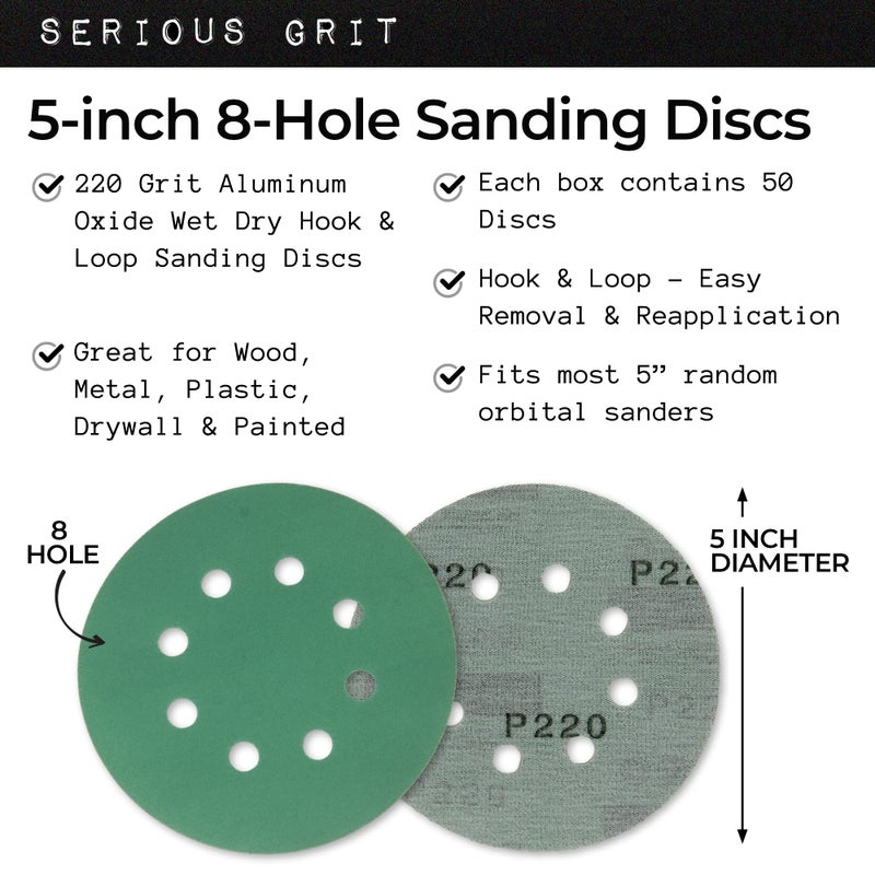 Serious Grit Sanding Discs 5 Inch 8 Hole 220 Grit - Heavy-Duty Hook & Loop Wet Dry Film Sandpaper Discs - Very Fine Sand Paper for Random Orbital Sanders - Wood, Automotive, Metal, etc - 50 Pack Box - Image 2